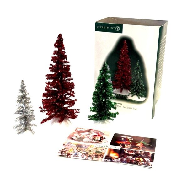 Department 56 Village Accessories Classic Tinsel 3 Trees Box Silver Green Red - Picture 1 of 7